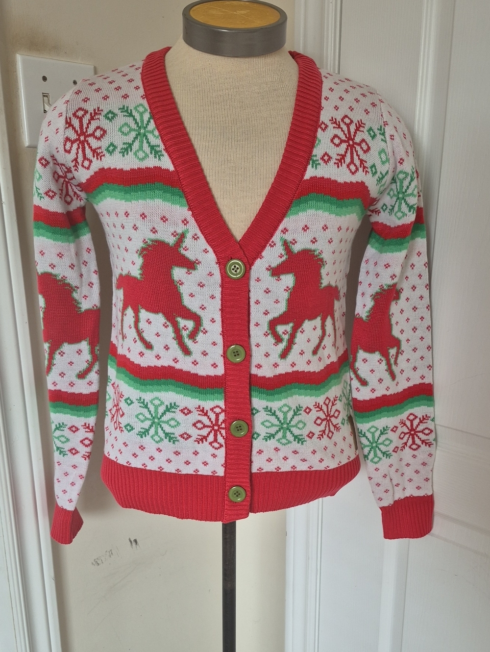 Tipsy Elves Red, Green & White Unicorn Holiday Cardigan - Picture 8 of 16